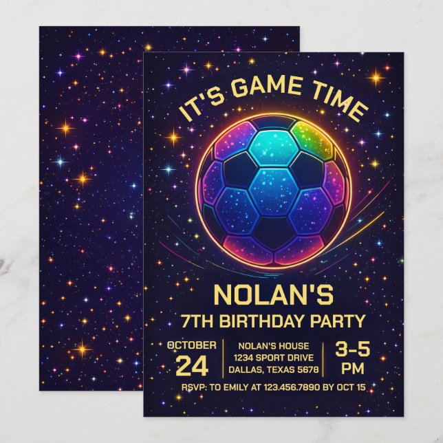 Neon Soccer Birthday Invitation (Devant / Derrière)