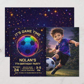 Neon Soccer Birthday Photo Invitation