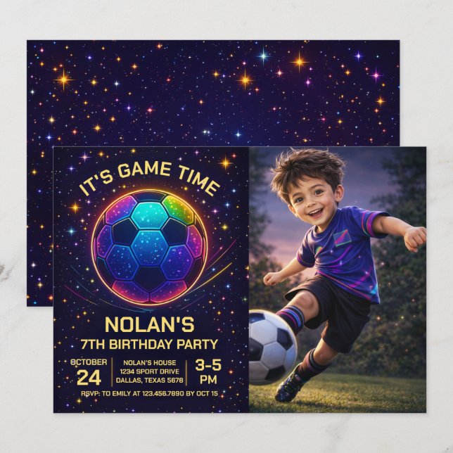 Neon Soccer Birthday Photo Invitation (Devant / Derrière)