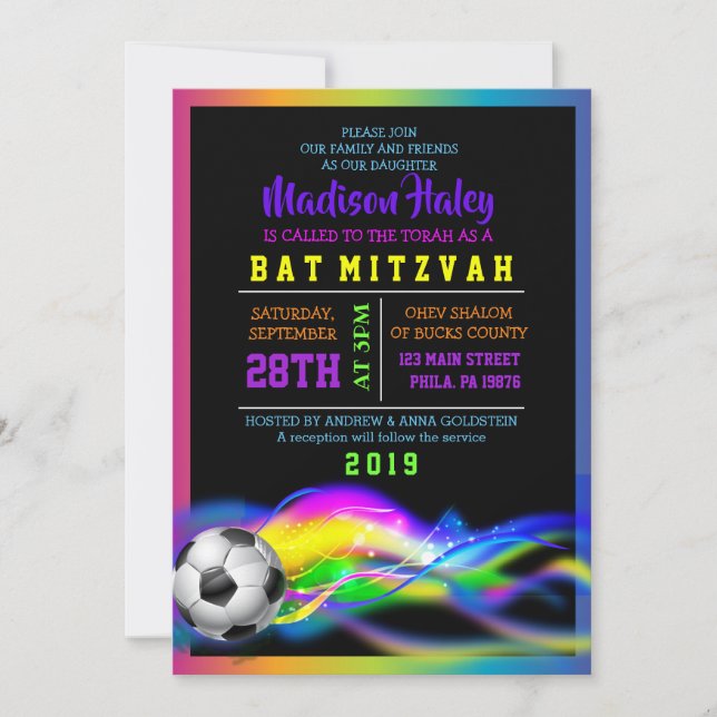 NEON SOCCER FILLES Bat mitzvah Invitation (Devant)