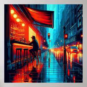Neon Solitude: Rainy Night im City Cafe Poster