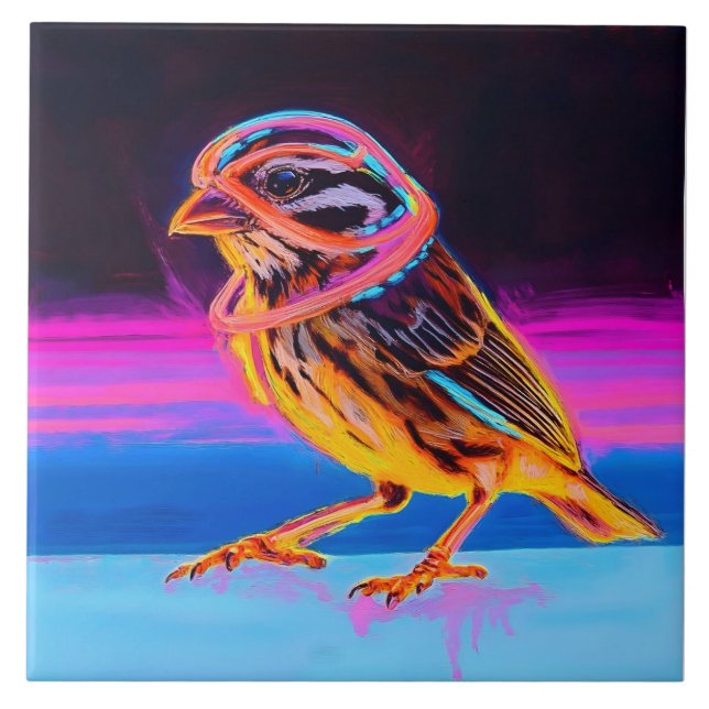 Neon Sparrow mit leuchtenden Akzenten Fliese (Vorderseite)
