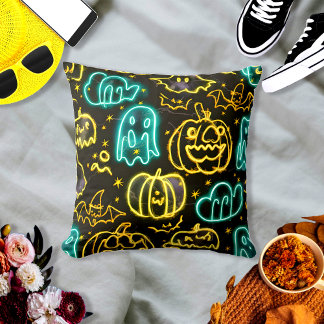 Neon Spooky Halloween Ghost Bats Pumpkins Muster Kissen