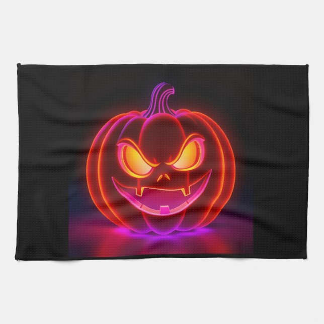 Neon Spooky Pumpkin Halloween Kitchen Towel Geschirrtuch (Horizontal)