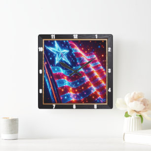 Neon Star American Flag Modern Quadratische Wanduhr