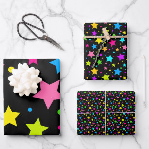 Neon Stars auf schwarz Geschenkpapier Set