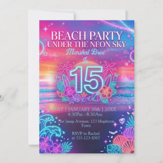Neon-Strandparty 15. Geburtstag Einladung