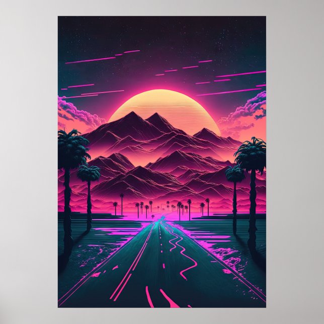 Neon Sunrise Over the Mountains Poster (Vorne)