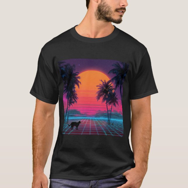 Neon Sunset Cat on Cyber Shore T-Shirt (Vorderseite)