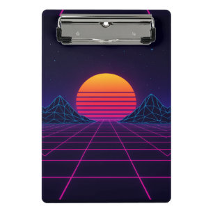 Neon Sunset Grid - Retro-Futuristische Synthwave S Mini Klemmbrett