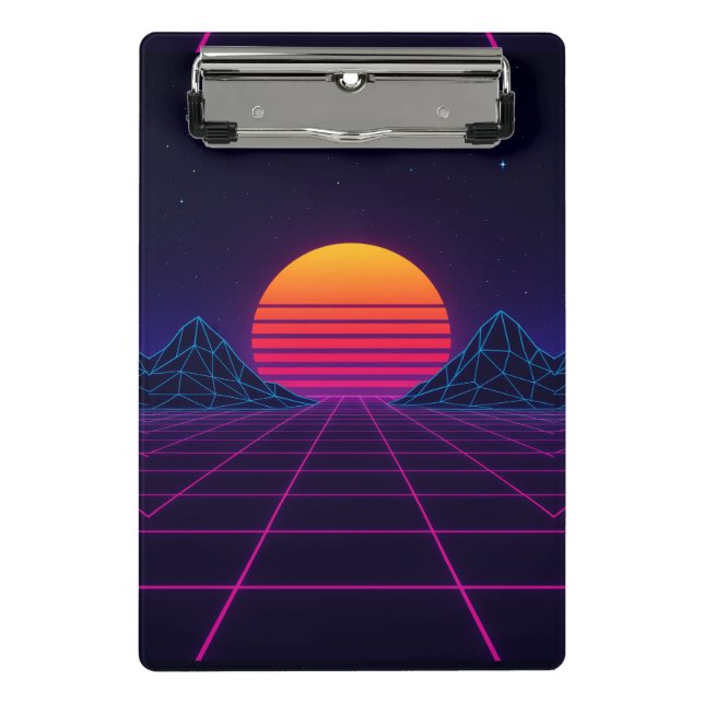 Neon Sunset Grid - Retro-Futuristische Synthwave S Mini Klemmbrett (Vorderseite)