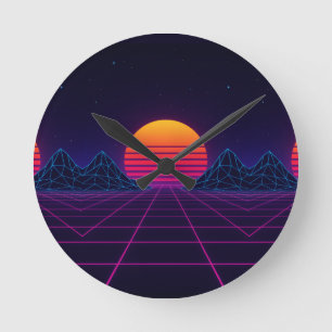 Neon Sunset Grid - Retro-Futuristische Synthwave S Runde Wanduhr