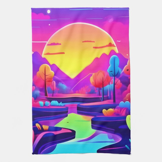 Neon Sunset Landschaft Geschirrtuch (Vertikal)