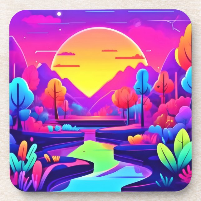 Neon Sunset Landschaft Getränkeuntersetzer (Vorderseite)