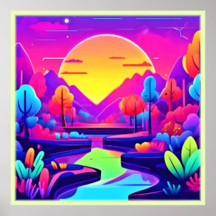 Neon Sunset Landschaft Poster