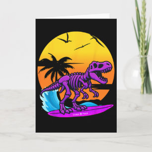 Neon-Surfing-T-Rex-Skelett mit Vintage-Beach-Retro Karte