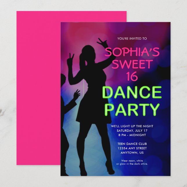 Neon Sweet 16 Birthday Dance Party Einladung (Vorne/Hinten)