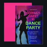 Neon Sweet 16 Birthday Dance Party Einladung<br><div class="desc">Eine perfekte Einladung für ein Party mit dem Thema "Sweet 16 Dance". Der neongrüne Text ist ein heller Kontrast vor dem dunklen Hintergrund. Eine Silhouette des Tanzens von Teenagern ist der perfekte Akzent.</div>