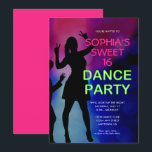Neon Sweet 16 Birthday Dance Party Einladung<br><div class="desc">Eine perfekte Einladung für ein Party mit dem Thema "Sweet 16 Dance". Der neongrüne Text ist ein heller Kontrast vor dem dunklen Hintergrund. Eine Silhouette des Tanzens von Teenagern ist der perfekte Akzent.</div>