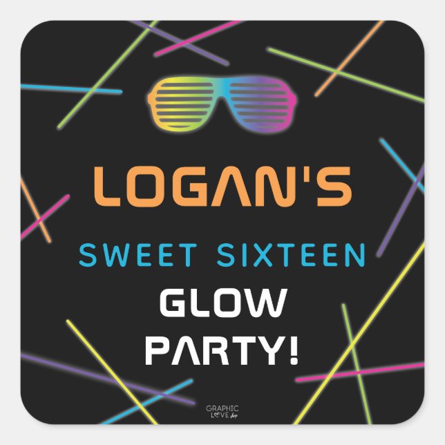Neon Sweet 16 Birthday Glow Party Quadratischer Aufkleber (Vorderseite)