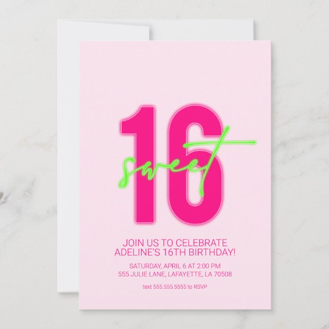 Neon Sweet sixteen Invitation de fête d'anniversai (Devant)