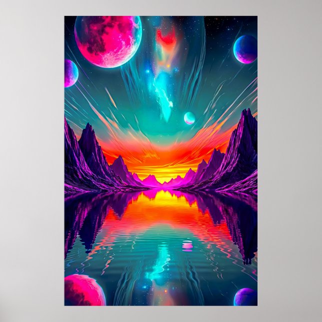 Neon-Synthwave-Alien-Planet-Landschaftsgrafik Poster (Vorne)