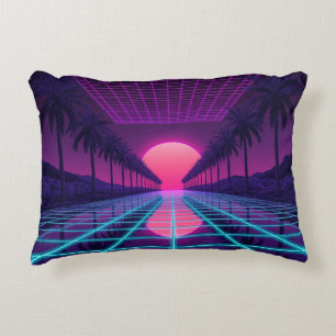 Neon Synthwave Gitter & Palmen Retro Kissen