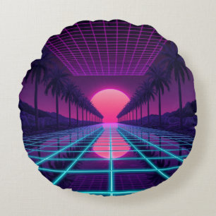 Neon Synthwave-Raster & Palmen Retro-Kissen Rundes Kissen