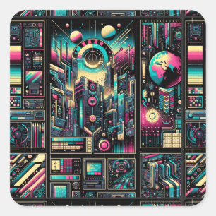 Neon Tech Odyssey Quadratischer Aufkleber