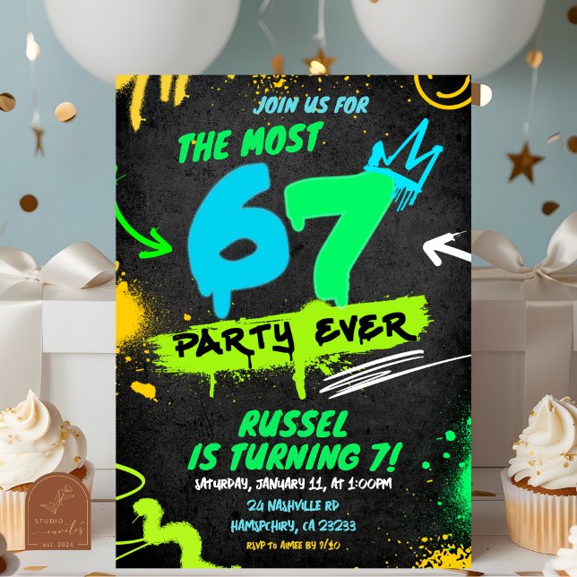 Neon Teenager Grafitti 67 Birthday Invitation (Créateur téléchargé)