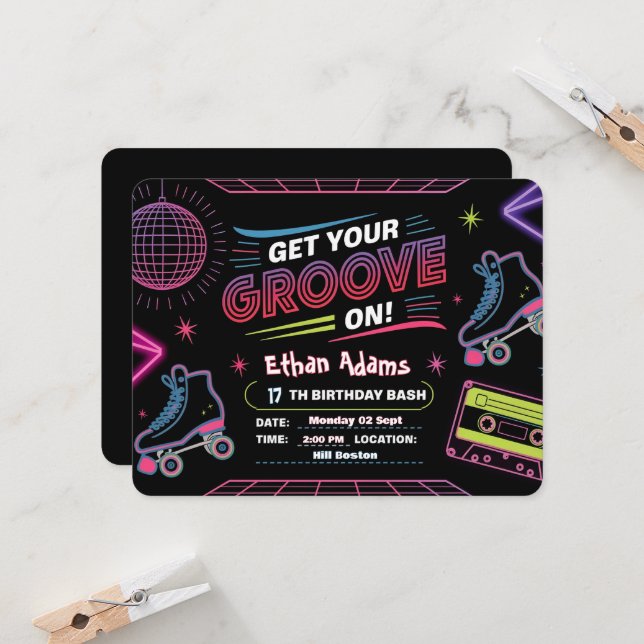 Neon Thème Anniversaire Carte d'invitation (Devant/Arrière en situation)