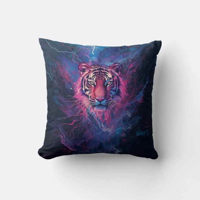 Neon Thunder Tiger Abstract Electric Glow Kissen (Vorderseite)