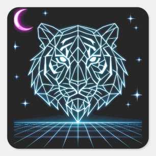 Neon-Tiger-Synthwave – Elektrischer Retro-Striker Quadratischer Aufkleber