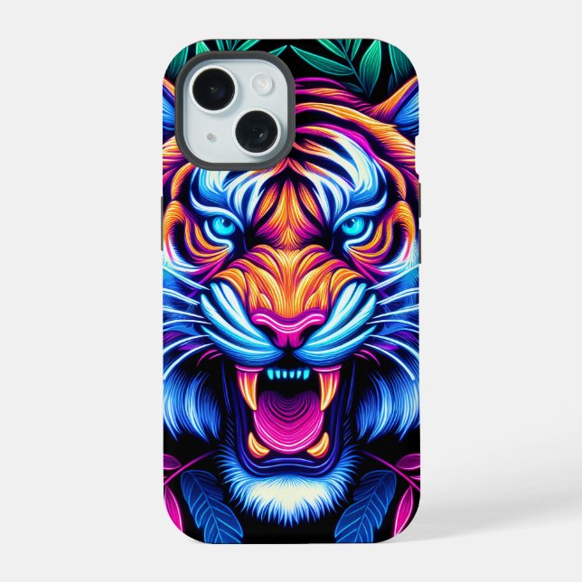 Neon Tiger und Dschungel-Blätter iPhone 15 Hülle (Rückseite)