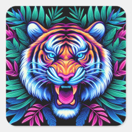 Neon Tiger und Dschungel-Blätter Quadratischer Aufkleber