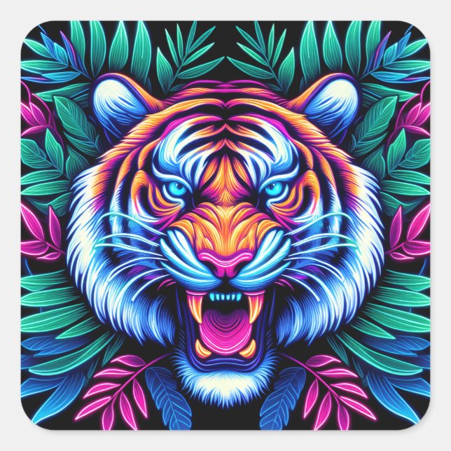 Neon Tiger und Dschungel-Blätter Quadratischer Aufkleber (Vorderseite)