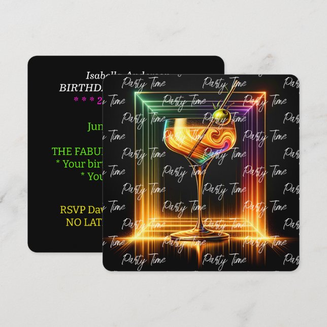 Neon Trendy Party Time Personalisiert Einladung (Vorne/Hinten)