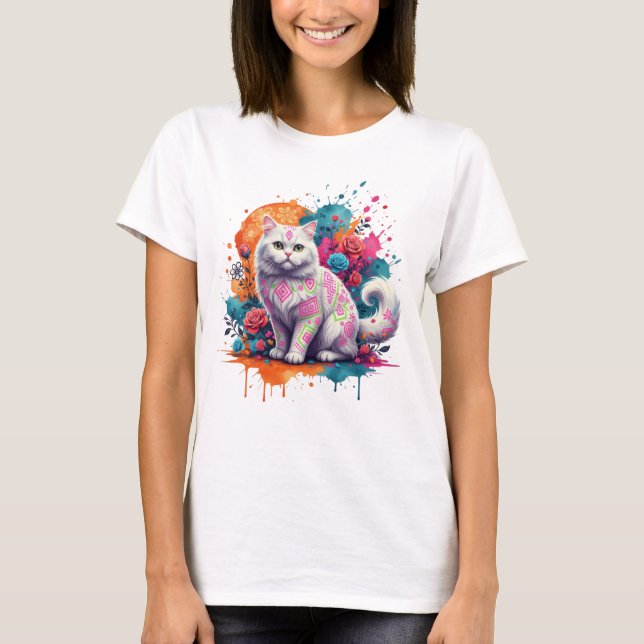 Neon Tribal Cat Fantasy Art T-Shirt (Vorderseite)