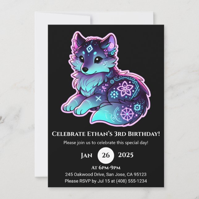 Neon Tribal Wolf Birthday Invitation (Devant)
