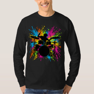 Neon-Trommler-Silhouette Farbige Spritzer Musik T-Shirt