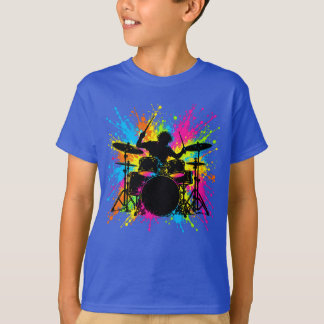 Neon-Trommler-Silhouette Farbige Spritzer Musik T-Shirt
