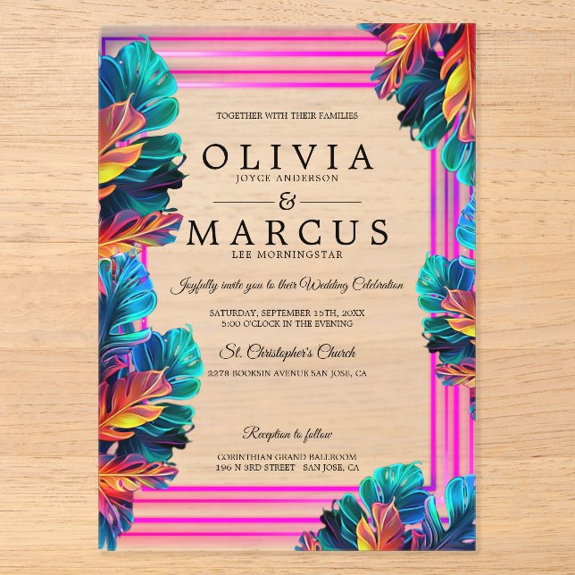 Neon Tropical Foliage Acrylic Invitation Acryleinladungen (Vorderseite)