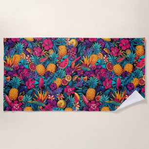 Neon-Tropisches-Frucht-Blumen-Strandtuch - Ananas Strandtuch