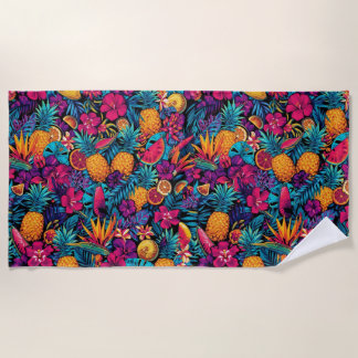 Neon-Tropisches-Frucht-Blumen-Strandtuch - Ananas Strandtuch