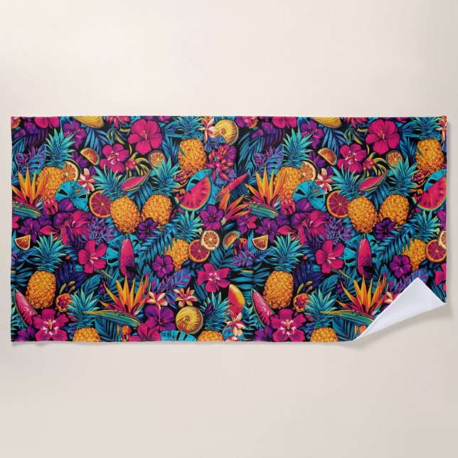 Neon-Tropisches-Frucht-Blumen-Strandtuch - Ananas Strandtuch (Vorderseite)
