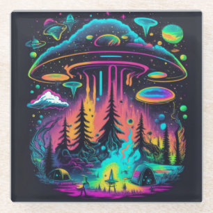 Neon UFO und Alien Scene Psychedelic Art Glasuntersetzer