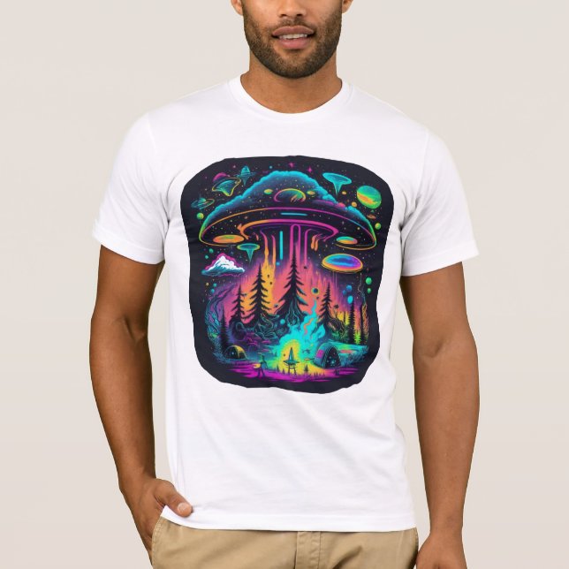 Neon UFO und Alien Scene Psychedelic Art T-Shirt (Vorderseite)