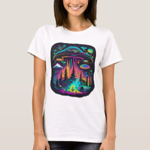 Neon-UFO- und Alien-Szene-Psychedelic-Art T-Shirt