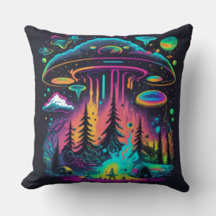Neon-UFO- und Alien-Szene psychedelische Kunst Kissen