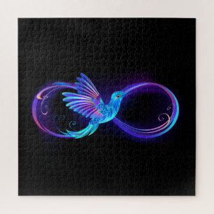 Neon-Unendlichkeitssymbol mit leuchtendem Kolibri